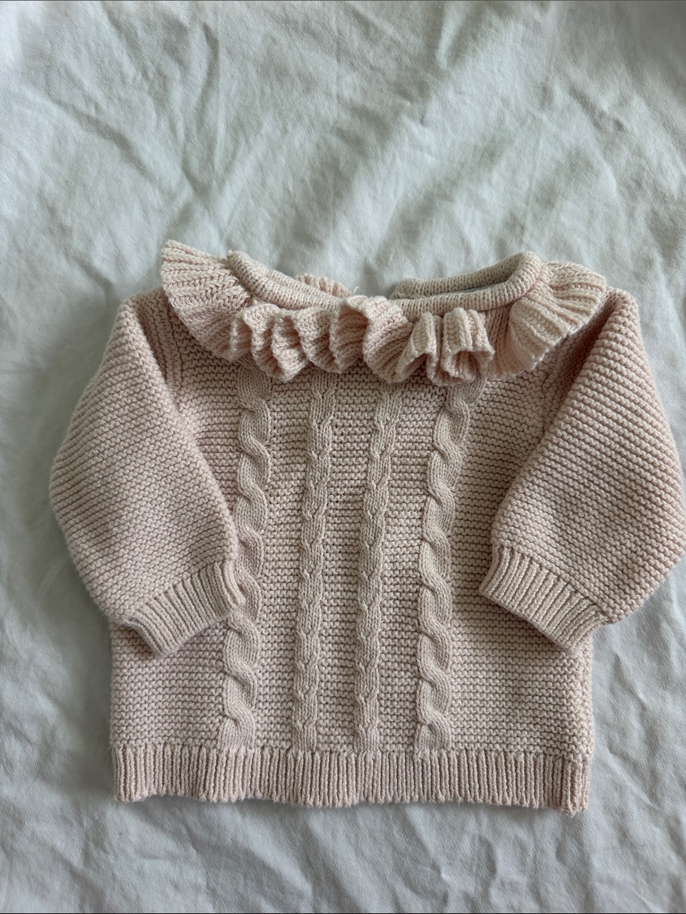 Girls' Ruffle Collar Cable-Knit Sweater in Light Blush